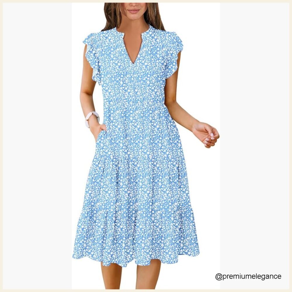 Ruffle Sleeve V-Neck Midi Dress, Flowy Tiered Boho Casual Sundress